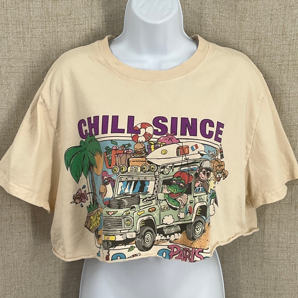 John Galt Crop Top Womens One Size Beige Cotton Chill Since Paris Graphic Tee‎